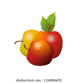 Vector cartoon element for design. Three delicious apples with stem and leaves, fruit design. Photo Realistic illustration of healthy vegetarian food. Perfect for grocery store, drinks and more