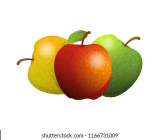 Vector cartoon element for design. Three delicious apples with stem and leaves, fruit design. Photo Realistic illustration of healthy vegetarian food. Perfect for grocery store, drinks and more