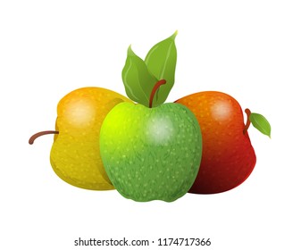 Vector cartoon element for design. Three delicious apples with stem and leaves, fruit design. Photo Realistic illustration of healthy vegetarian food. Perfect for grocery store, drinks and more
