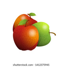 Vector cartoon element for design. Three delicious apples with stem and leaves, fruit design. Photo Realistic illustration of healthy vegetarian food. Perfect for grocery store, drinks and more