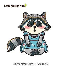 Vector cartoon element for design. Yoga meditation raccoon girl in mori-girl style dress, decorative ornamental woodland animal print, colored illustration. Black, white, blue, pink, yellow, orange