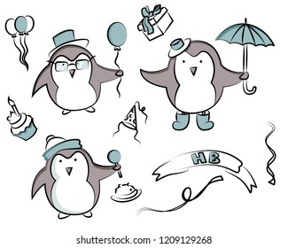 Vector cartoon elements for celebrating a birthday party with cute penguin characters