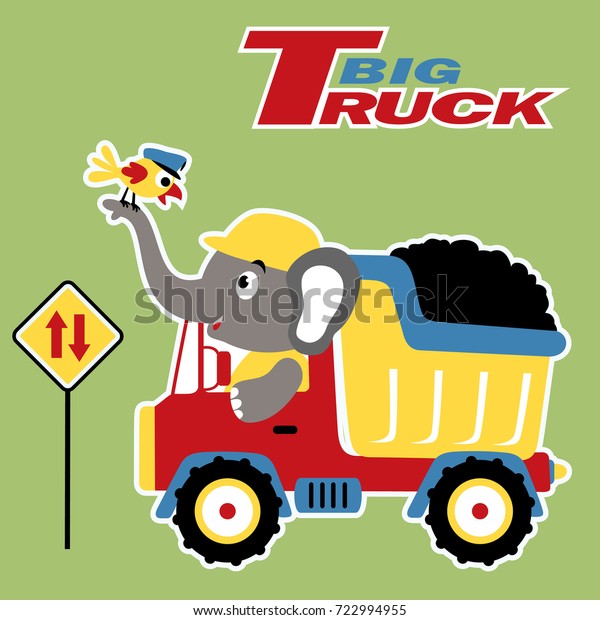 vector cartoon of elephant driving truck with a bird\
on its nose