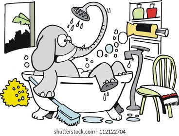 Vector cartoon of elephant having a bath.