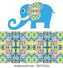 Vector cartoon elephant with seamless floral and geometric pattern, tribal ethnic ornamental border, isolated elements for scrapbook, invitation or greeting card design