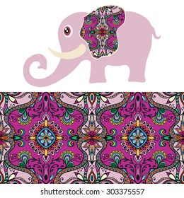 Vector cartoon elephant with seamless floral and geometric pattern, tribal ethnic ornamental border, isolated elements for scrapbook, invitation or greeting card design