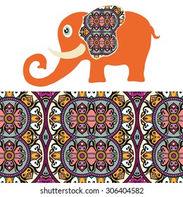 Vector cartoon elephant with seamless floral and geometric pattern, tribal ethnic ornamental border, isolated elements for scrapbook, invitation or greeting card design