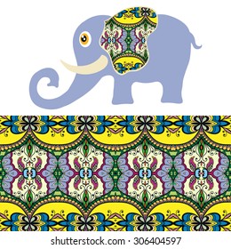 Vector cartoon elephant with seamless floral and geometric pattern, tribal ethnic ornamental border, isolated elements for scrapbook, invitation or greeting card design