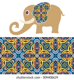 Vector cartoon elephant with seamless floral and geometric pattern, tribal ethnic ornamental border, isolated elements for scrapbook, invitation or greeting card design