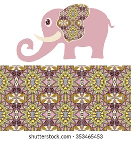 Vector cartoon elephant with seamless floral geometric pattern, tribal ethnic ornamental border, isolated elements for scrapbook, invitation or greeting card design