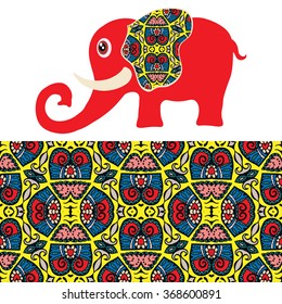 Vector cartoon elephant with seamless floral geometric pattern, tribal ethnic ornamental border, isolated elements for scrapbook, invitation or greeting card design