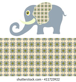 Vector cartoon elephant with seamless floral geometric pattern, tribal ethnic ornamental border, isolated elements for scrapbook, invitation or greeting card design