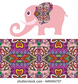Vector cartoon elephant with seamless floral geometric pattern, tribal ethnic ornamental border, isolated elements for scrapbook, invitation or greeting card design