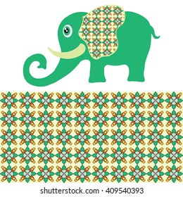 Vector cartoon elephant and seamless geometric pattern, tribal ethnic ornamental border, isolated elements for scrapbook, invitation or greeting card design