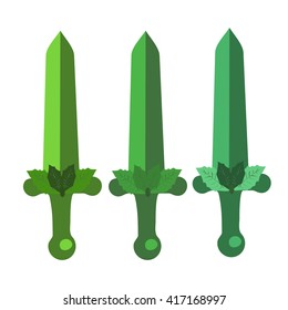 Vector cartoon elf sword. Green fantasy nature weapons