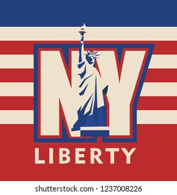 vector cartoon emblem of the american city of new york, statue of liberty on the background of the abbreviation of letters NY on the background of the national flag