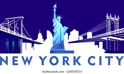 vector cartoon emblem of american city new york, statue of liberty on a background of skyscrapers isolated on white background, blue color