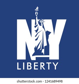 vector cartoon emblem of american city new york, statue of liberty on the background of abbreviation of letters NY isolated white on blue background