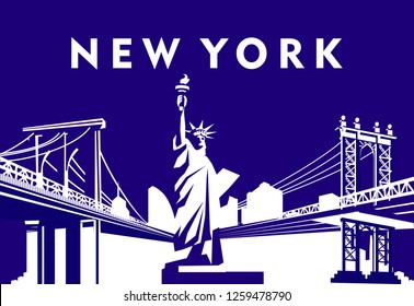 vector cartoon emblem of american city new york, statue of liberty on a background of skyscrapers isolated on white background, blue color