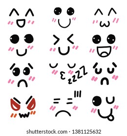 vector cartoon emoticon character with different emotions and face expression illustration emotional set emoji with different emotive feelings isolated on white background