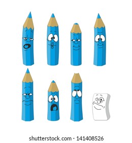 Vector. Cartoon emotional blue pencils set color 16