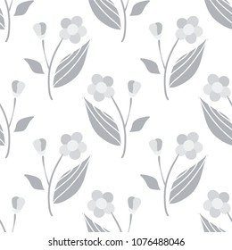 Vector cartoon endless seamless pattern, neutral gray colors, flat style. Abstract flowers, branches and leaves. Perfect for cotton fabric, texture, paper