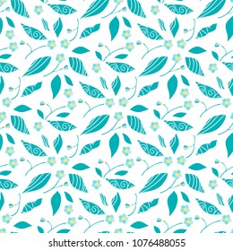 Vector cartoon endless seamless pattern. Cute flourish design, flat style. Abstract flowers, branches and leaves. Forget-me-not flowers on white background. Perfect for cotton fabric, texture, paper