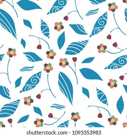 Vector cartoon endless seamless pattern, flat style. Abstract flowers, branches and leaves. Perfect for cotton fabric, texture, paper. Modern colors on white background