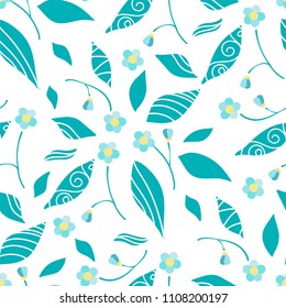Vector cartoon endless seamless pattern. Cute flourish design, flat style. Abstract flowers, branches and leaves. Forget-me-not flowers on white background. Perfect for cotton fabric, texture, paper