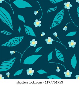 Vector cartoon endless seamless pattern, flat style. Abstract flowers, branches and leaves. Perfect for cotton fabric, texture, paper. Modern colors on colored background