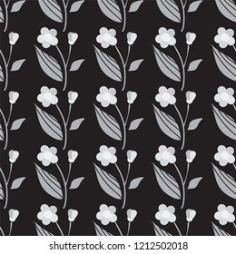 Vector cartoon endless seamless pattern, dark grey colors, flat style. Abstract flowers, branches and leaves. Perfect for cotton fabric, texture, paper