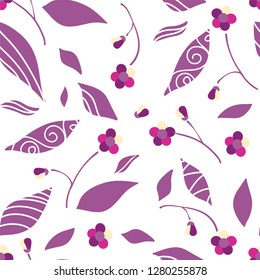Vector cartoon endless seamless pattern, flat style. Abstract flowers, branches and leaves. Perfect for cotton fabric, texture, paper. Modern colors on white background