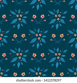 Vector cartoon endless seamless pattern, flat style. Abstract flowers, branches and leaves. Perfect for cotton fabric, texture, paper. Modern colors on colored background