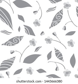 Vector cartoon endless seamless pattern, neutral gray colors, flat style. Abstract flowers, branches and leaves. Perfect for cotton fabric, texture, paper
