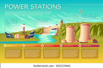 Estaciones de energía de dibujos animados alternativas, plantilla de infografía tradicional renovable. Ilustración de turbinas de molinos de viento de energía hidroeléctrica de paneles solares, reactores de energía nuclear, torre de refrigeración