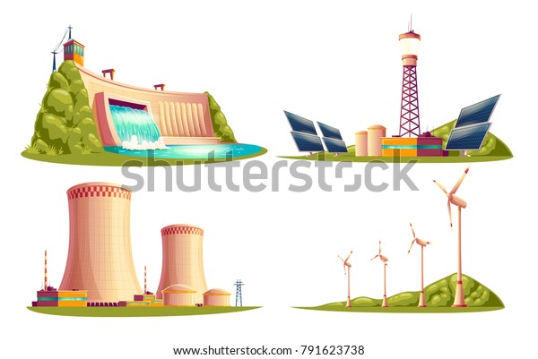 ベクターアニメのエネルギーステーション 代替 再生可能な伝統 独立したイラスト ソーラーパネルプラント 水力発電ダム 風車タービン 原子力原子炉 冷却塔 のベクター画像素材 ロイヤリティフリー