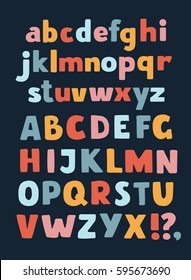 Vector cartoon vector English alphabet A-Z color. Sans hand drawn typeface. Uppercase and lowercase letters set in a different colors on dark background