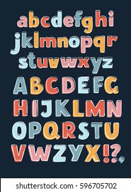 Vector cartoon vector English alphabet A-Z Outline Color. Sans hand drawn typeface. Uppercase and lowercase letters set in a different colors on dark background