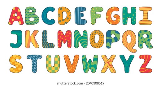 Vector cartoon english alphabet. A collection of isolated bright Latin letters decorated with patterns.