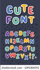 Vector cartoon English alphabet typography design. Dark background with set of decorative Latin letters. Colorful Latin abc in cute style. Hand drawn font. Different colors freehand symbol.