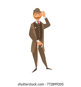 vector cartoon english, british victorian gentleman in formal traditional outdoor clothing, hat, mustache holding cane umbrella. Isolated illustration on a white background.