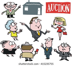 Vector Cartoon Of Enthusiastic Auctioneer Taking Bids From Crowd At House Auction