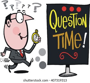 Vector Cartoon Of Enthusiastic Business Executive And Question Time Notice. 