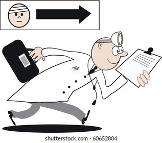 Vector cartoon of enthusiastic doctor running with clipboard.