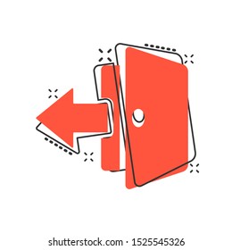 Vector cartoon entrance door icon in comic style. Exit doors concept illustration pictogram. Doorway entrance business splash effect concept.