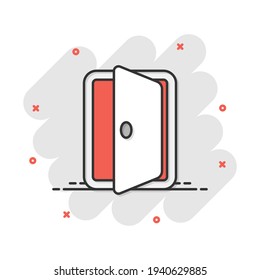 Vector cartoon entrance door icon in comic style. Exit doors concept illustration pictogram. Doorway entrance business splash effect concept.