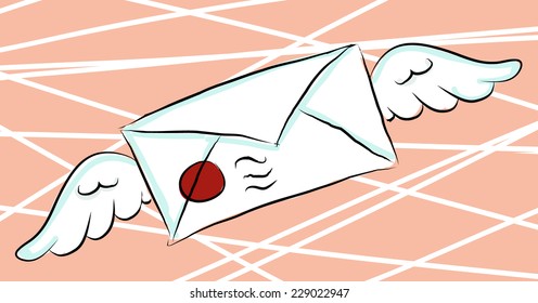 Vector cartoon envelope with wings. 
