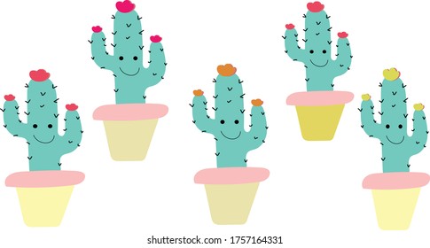 dibujos animados vectoriales Eps 10. plantas de cactus exóticos en personajes de kawaii de cacerolas de cerámica cuadrada