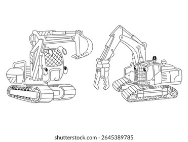 Vector cartoon excavator coloring page for kids. Black and white line art of two cute construction vehicles with smiling faces. Perfect for printable worksheets