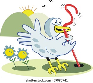 Vector Cartoon Of Excited Bird Pulling Worm Out Of Ground.